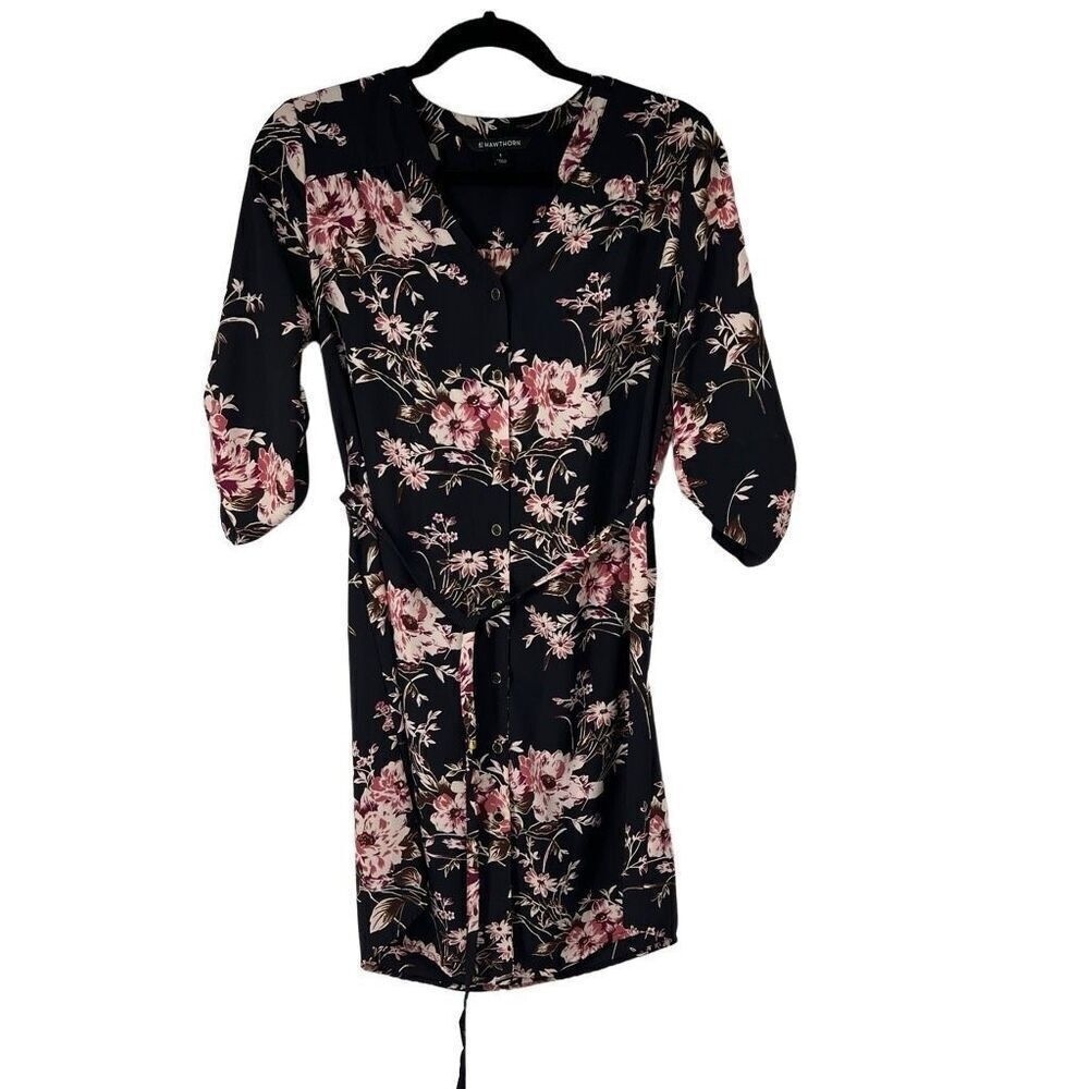 41 Hawthorn Navy Blue Pink Floral Christen‎ Shirt Dress Sz S Womens